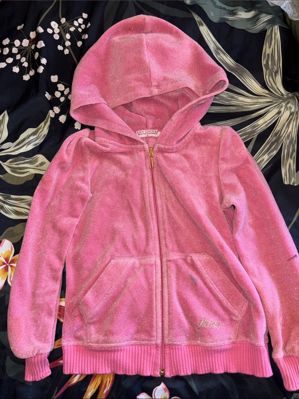 Vintage Juicy Couture Kids Pink Velour Glitter Zip Up Hoodie Size 6